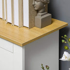 White sideboard cabinet with wood-grain tabletop edge and recessed front panel