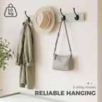 Light green wall coat rack with hooks and matching storage bench