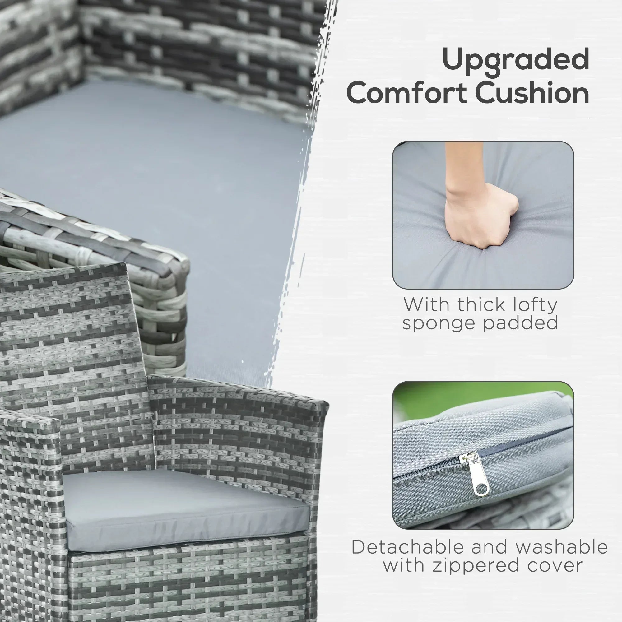 7-Piece Rattan Garden Furniture Set with Cushions, 6 Seater Garden Table and Chairs, Rattan Dining Set with 6 Armchairs, Rectangular Glass Top Table, Grey - Bobobiy