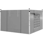 Light grey gazebo side panel with vertical seams and hanging tie straps, no window visible