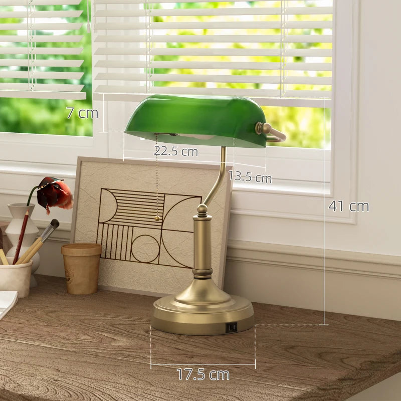 Green glass desk lamp on bronze base with pull-cord; USB ports on base
