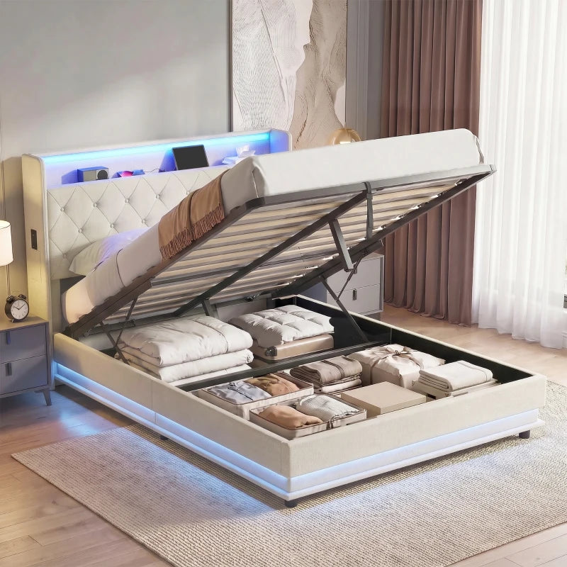 Cream platform bed frame with hydraulic storage, open slatted platform and blue LED