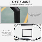 White backboard with black rim on black frame basketball hoop, close-up detail