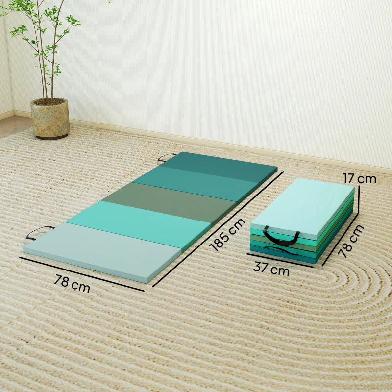 Mixed green foldable workout mat with stacked panels and handle straps