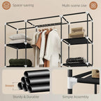 Black foldable fabric wardrobe frame with hanging rail and shelving units
