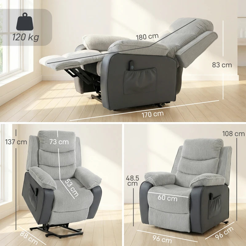 Light grey power lift recliner shown reclined, with armrests and storage side panel