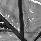 Transparent rain cover fabric panel with black zipper and stitched seams