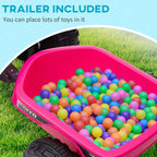 Pink rear trailer filled with multicolor balls attached to a ride-on quad bike