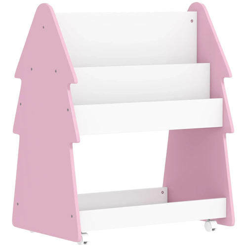 Pink kids bookcase with toy storage, double-sided design and three shelves on wheels