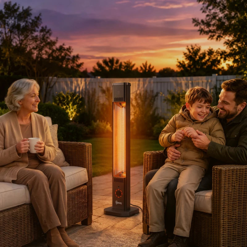 Black standing patio infrared heater glowing orange in outdoor seating area