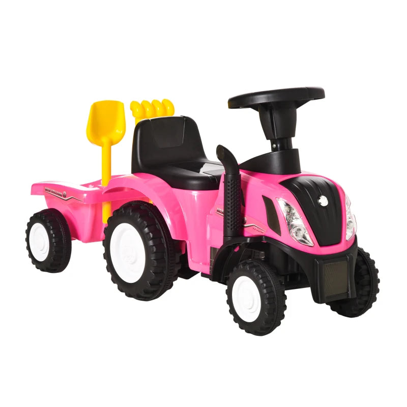 Pink ride-on tractor toddler walker with black seat and front steering