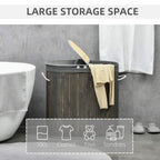 Grey bamboo laundry basket with lid, large storage capacity icons overlay