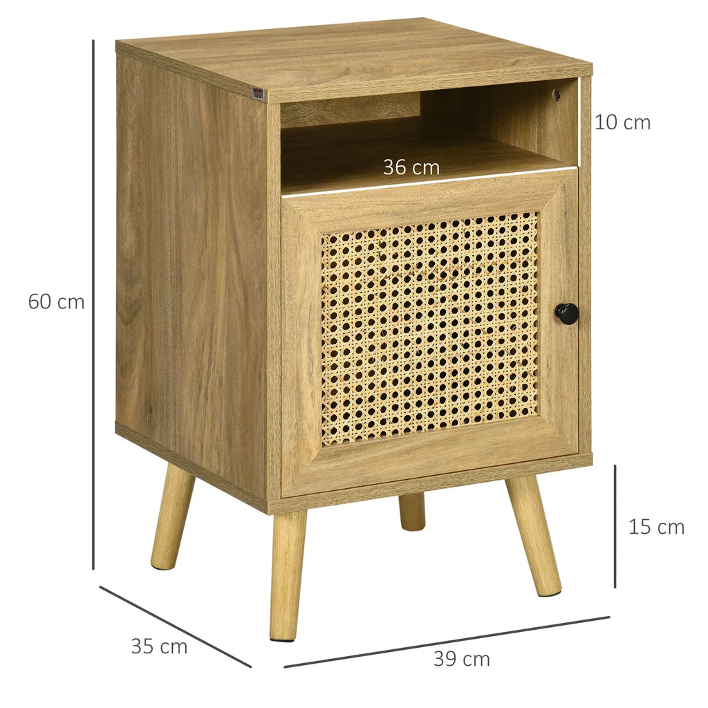Bedside Table with Rattan Element, Side End Table with Shelf and Cupboard, 39cmx35cmx60cm, Set of 2, Natural - Bobobiy