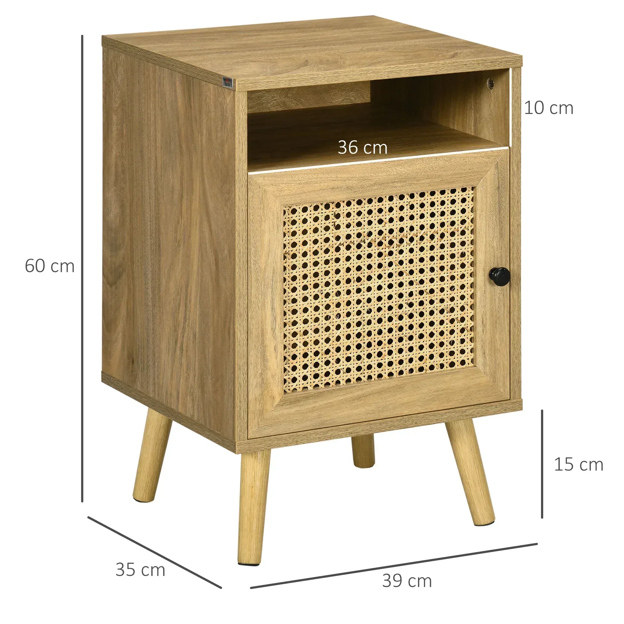 Bedside Table with Rattan Element, Side End Table with Shelf and Cupboard, 39cmx35cmx60cm, Set of 2, Natural - Bobobiy