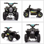 Black kids ride-on car shown from multiple angles with SPEED decals and seat