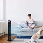 Black standing tower fan with visible airflow stream in a room