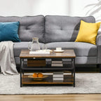 Rustic brown square coffee table with open storage drawers and metal wire shelf