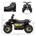 Black ride-on car with speed graphic, front grille, and measures shown on photo