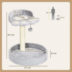 Light grey cat tower design with round base, vertical post, and hanging ball