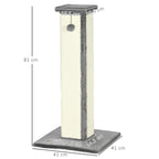 Grey vertical cat scratcher post with hanging ball and dark base, shown with dimensions