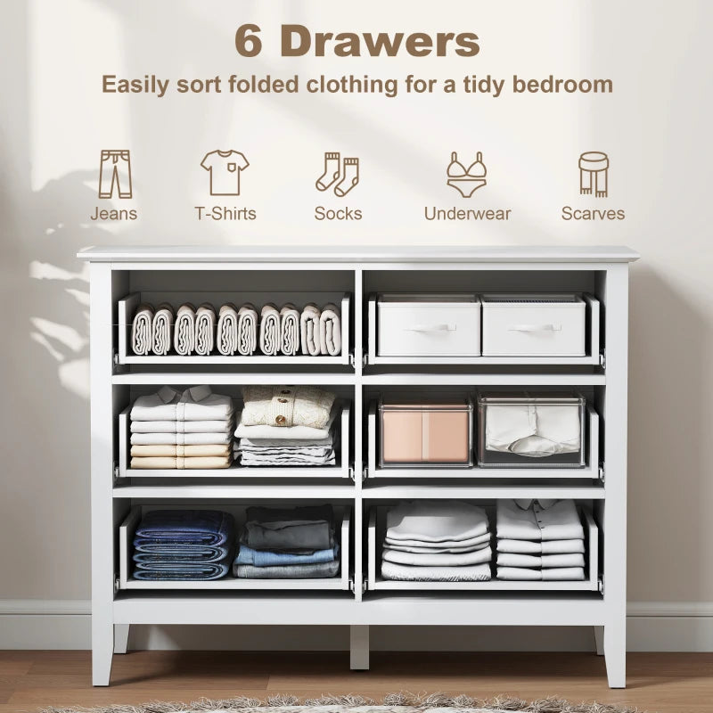 White fluted dresser with six open drawers showing folded clothing storage and organizers