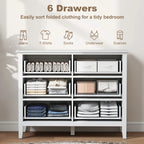 White fluted dresser with six open drawers showing folded clothing storage and organizers
