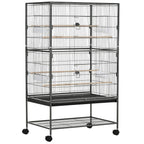 Dark grey rolling bird cage with front doors, two levels, slide-out tray and stand