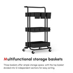 Black three-tier storage trolley with upper hanging bins, mid shelf, and caster wheels