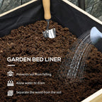 Raised garden bed liner insert with soil, trowel, and watering can placed inside