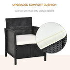 Black PE rattan armchair with thick cream cushion; close-up woven texture