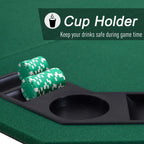 Green poker table top with black cup-holder recess and stacked poker chips