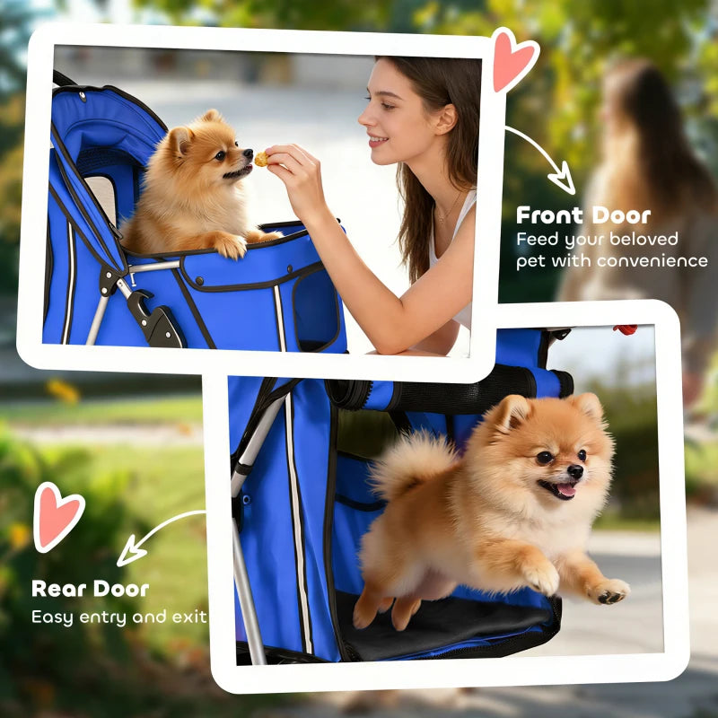 Blue pet stroller with front and rear openings, mesh panels, and side door access