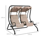 Beige two-seat garden swing chair with protective canopy, padded cushions and black metal stand.