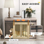 Brown dog crate with sliding door, removable cushion, and metal latch hardware