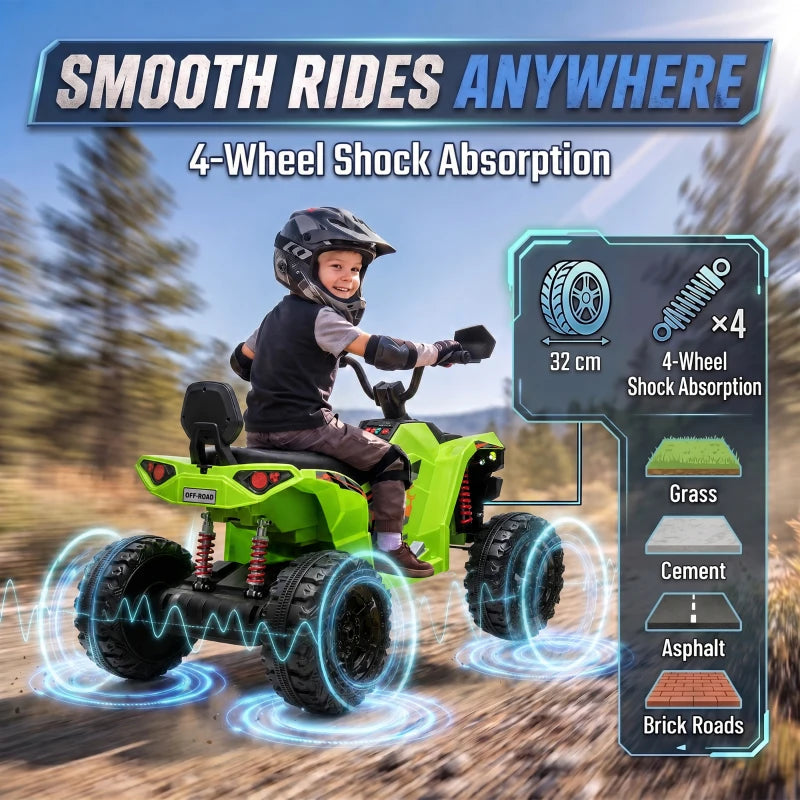Green electric quad bike with four-wheel shock absorption and large tread tires