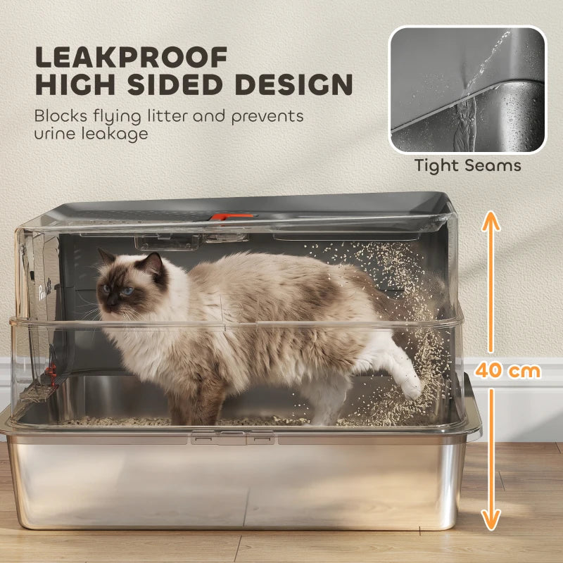 Dark grey high-sided enclosed cat litter tray with clear tub and leakproof design