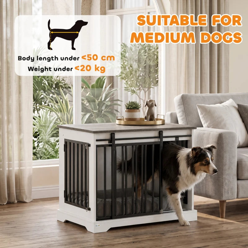White dog crate furniture with black bars, medium dog standing at open front doorway