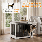White dog crate furniture with black bars, medium dog standing at open front doorway