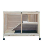 Natural fir wood indoor small animal hutch with open front and interior ramp