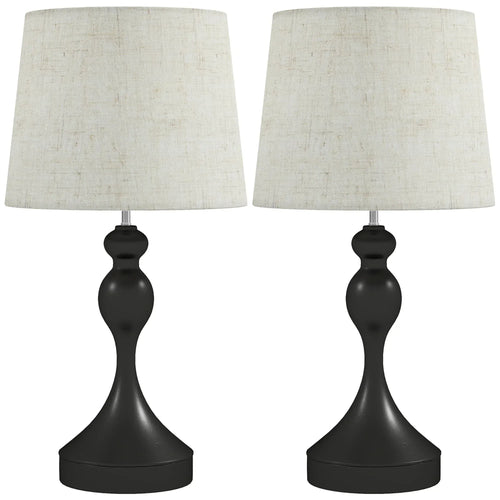 Set of two black table lamps with beige fabric drum shades