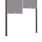 Dark grey pergola corner posts with canopy panels above an open interior space