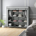 Portable dark grey fabric wardrobe open front with hanging rails, shelves, and drawers