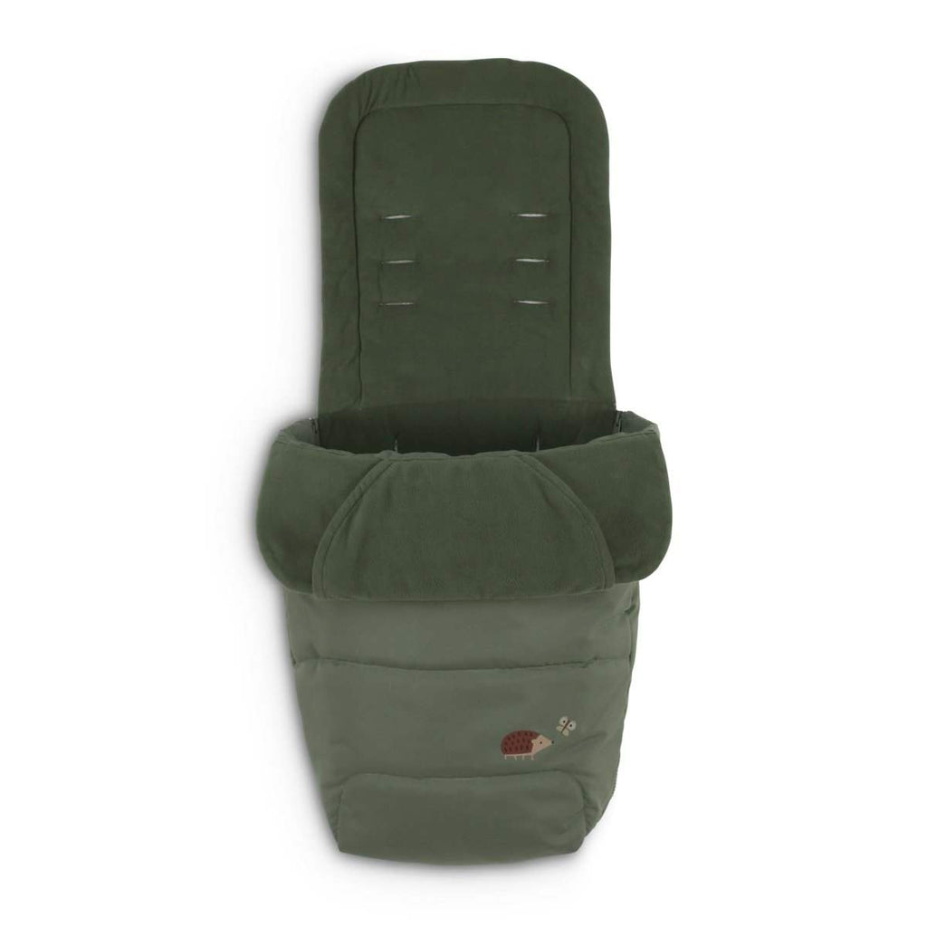 Olive green stroller footmuff with padded front and small printed logo