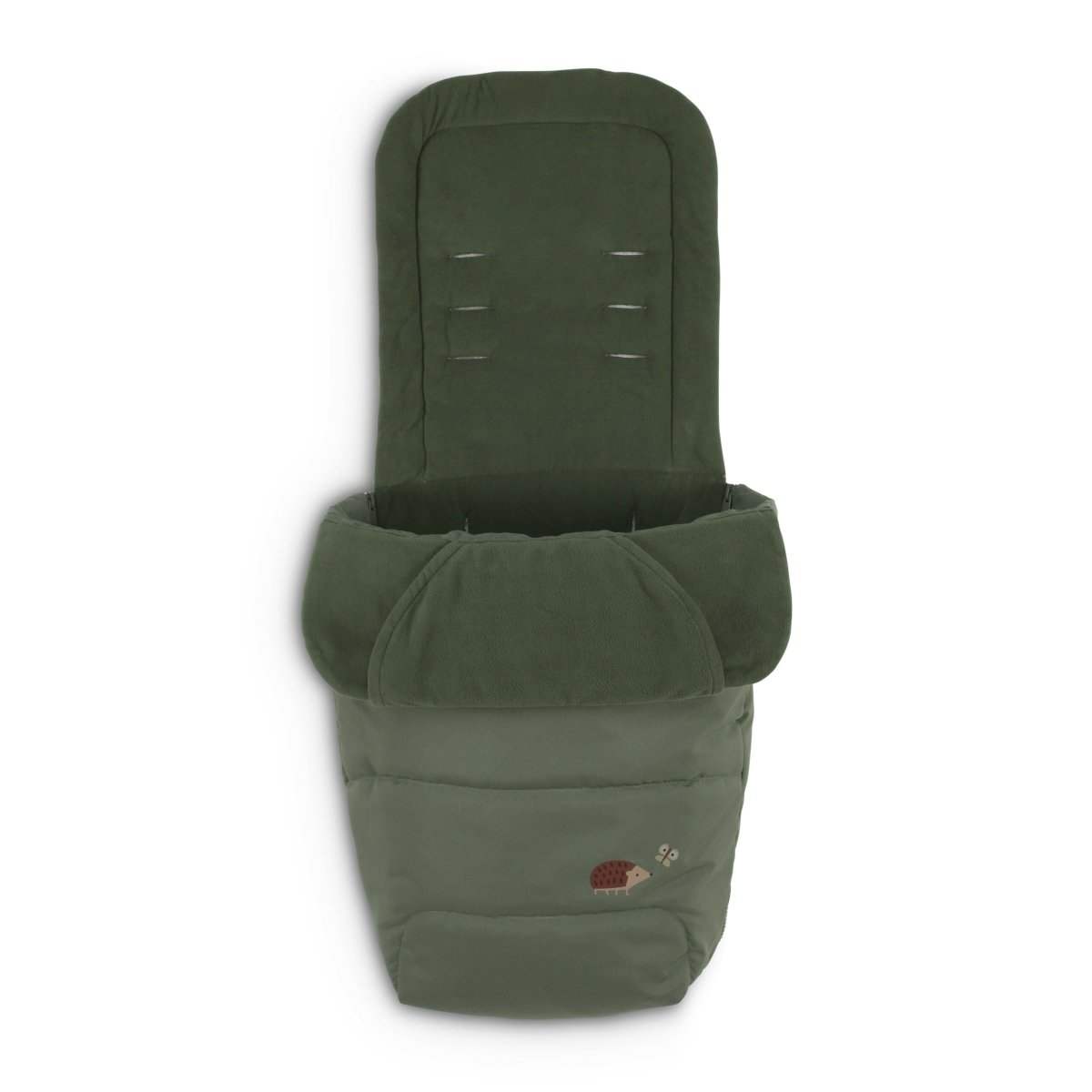 Olive green stroller footmuff with padded front and small printed logo