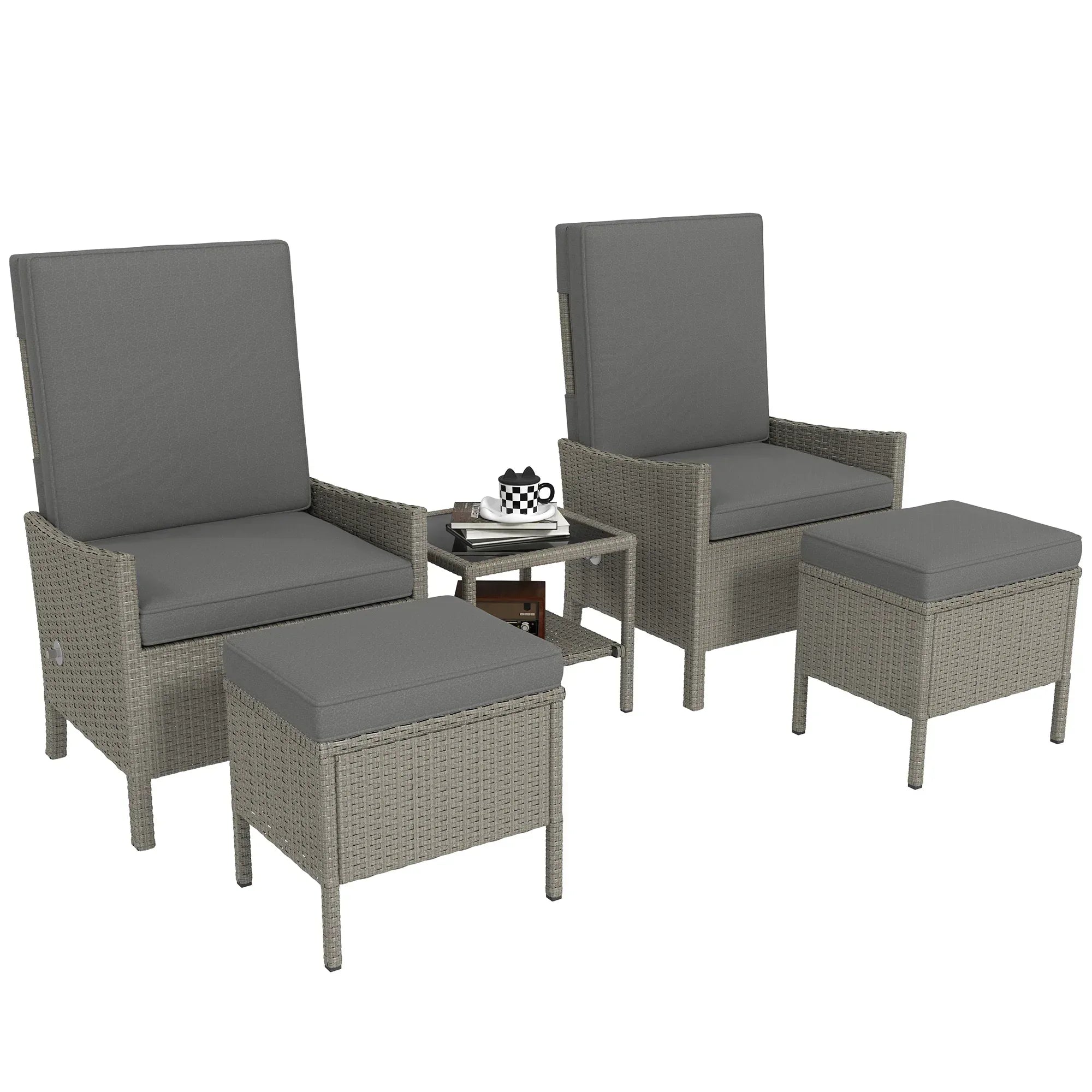 5 Piece Rattan Garden Furniture Set, Wicker Patio Sofa Set with 2 Armchairs, 2 Footstools, Glass Top Coffee Table with Shelf, Outdoor Furniture with Adjustable Backrests, Cushions, Dark Grey - Bobobiy
