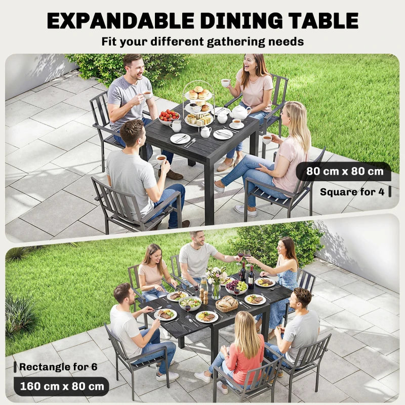 Black expandable outdoor dining table with slatted top for outdoor gatherings