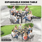 Black expandable outdoor dining table with slatted top for outdoor gatherings