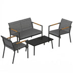 Grey 4-seat outdoor patio furniture set with loveseat, armchairs, and table
