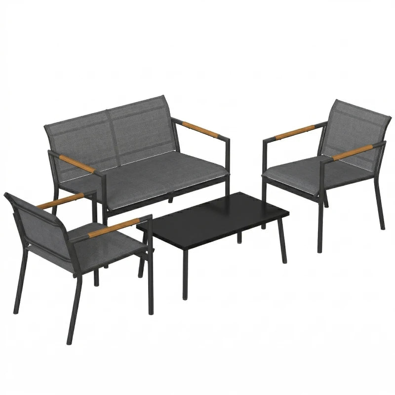 Grey 4-seat outdoor patio furniture set with loveseat, armchairs, and table