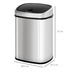 Silver stainless steel kitchen sensor bin with black lid, size measurement shown